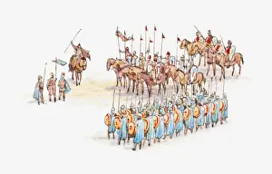 Crusader Prints: Illustration of Crusaders preparing for battle on foot and on horseback