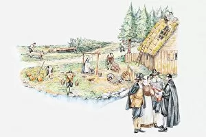 Images Dated 16th June 2010: Illustration of daily life of pilgrim settlers and holding prayer meeting in Plymouth Massachusetts