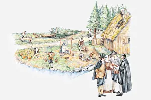Pilgrim Collection: Illustration of daily life of pilgrim settlers and holding prayer meeting in Plymouth Massachusetts