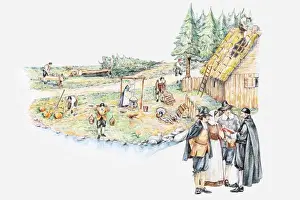 Routine Prints: Illustration of daily life of pilgrim settlers and holding prayer meeting in Plymouth Massachusetts