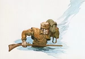 Illustration of Davy Crockett waist deep In river holding rifle and carrying rucksack above water
