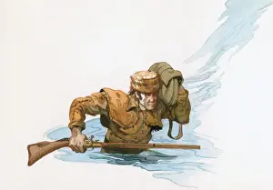 Backpack Prints: Illustration of Davy Crockett waist deep In river holding rifle and carrying rucksack above water