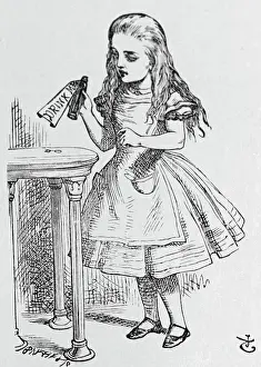 Humorous And Satirical Art Prints: Illustration Depicting Alice Holding the Bottle Labelled Drink Me by John Tenniel