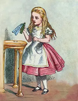 Mythological Theme Prints: Illustration Depicting Alice Holding the Bottle Labelled Drink Me after John Tenniel