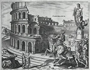 Illustration Depicting Roman Theater with Statues and Performers