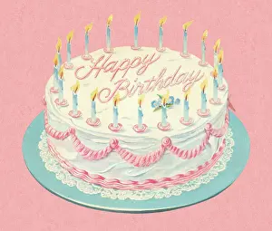 An illustration depicting a white cheerful birthday cake