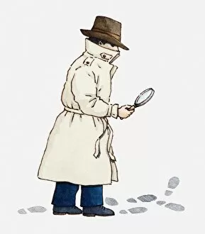 Illustration of a detective holding magnifying glass and looking at shoe prints on the ground