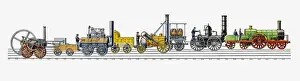 1831 Prints: Illustration of development of British and American steam trains of the 19th century from 1803 to 1874