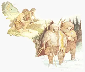 Progress Prints: Illustration of development of man from from Homo habilis to Homo erectus to Homo sapien