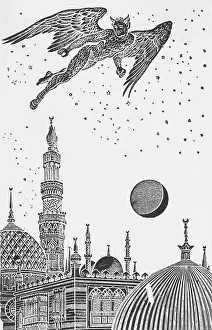 Deceit Prints: Illustration of the Devil Hovering over City of Constantinople