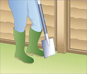 Spade Prints: Illustration of digging hole in grass near base of rotten fence post using spade