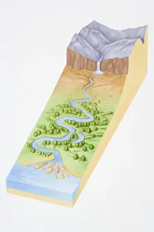 Flowing Prints: Illustration, three dimensional section of landscape showing river flowing out of mountains
