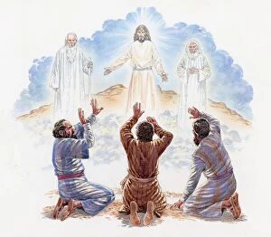 Illustration of disciples Peter, James and John kneeling in awe below Jesus