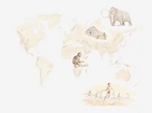 Images Dated 13th May 2011: Illustration of distribution early human hunter-gatherers across the world from Mezherich in