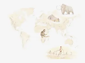 Ancient Civilisations Prints: Illustration of distribution early human hunter-gatherers across the world from Mezherich in Ukraine