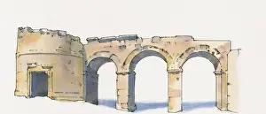 Hierapolis Prints: Illustration of Domitian gate flanked by circular tower, Hierapolis