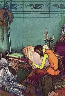 Prints of An illustration of Don Quixote studying medieval manuscripts in order to be a knight Discover the beauty and mystery of the medieval era: Illustration of Don Quixote Studying by Herman Bacharach