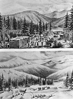 Wash Drawing Prints: Illustration of the Donner Party Winter Settlement