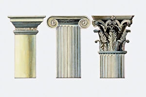 Images Dated 9th February 2009: Illustration of Doric, Ionic and Corinthian column capitals