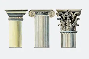 In A Row Prints: Illustration of Doric, Ionic and Corinthian column capitals