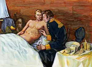 Bandage Prints: Illustration of Dr. William Beaumont Inserting Tube In Alexis St. Martin's Torso