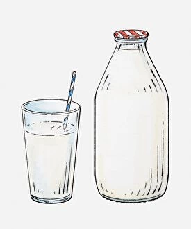 Illustration of drinking straw in glass of milk next to bottle of milk