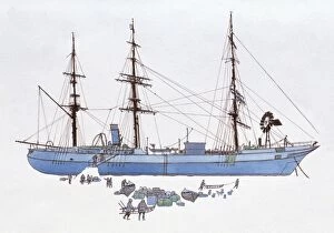 Illustration of early 20th century cargo ship stranded on ice