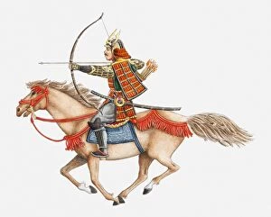 Aiming Gallery: Illustration of early Samurai warrior on horseback, side view