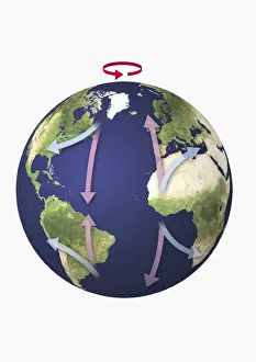 Meteorology Prints: Illustration of the Earth with arrows indicating air movements towards and away from the equator