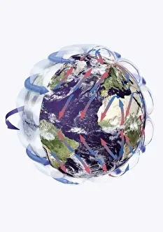Meteorology Prints: Illustration of the Earth with surrounding troposphere and atmospheric movements indicated by arrows