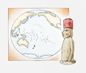 Rapa Nui Prints: Illustration of Easter Island stone statue in front of a map highlighting Polynesian islands and New Zealand