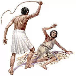 Illustration of Egyptian overseer whipping Hebrew man lying on ground