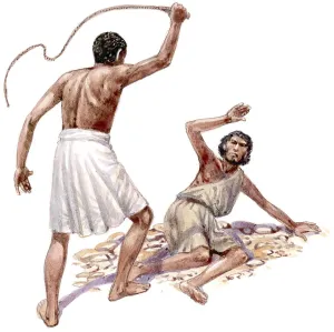 Mid Adult Prints: Illustration of Egyptian overseer whipping Hebrew man lying on ground