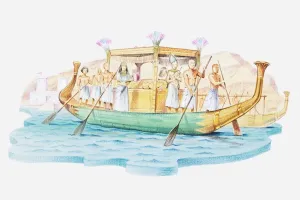 Sarcophagus Prints: Illustration of Egyptian pharaohs sarcophagus being transported on a barge