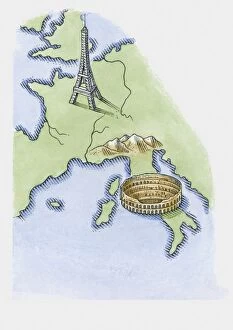 Images Dated 28th October 2009: Illustration of Eiffel Tower in Paris and Colosseum in Rome on map of Europe
