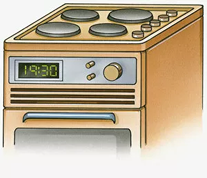 Illustration of electric range cooker with ceramic plate hobs, knobs, and digital clock