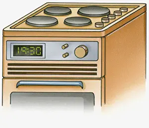 Cooker Prints: Illustration of electric range cooker with ceramic plate hobs, knobs, and digital clock