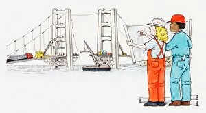 Pen And Ink Gallery: Illustration of two engineers looking at blueprint for bridge that is under construction in the background