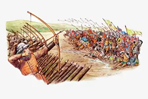 Aggression Prints: Illustration of English and Welsh archers using cross bows against attacking French army during Hundred Years War