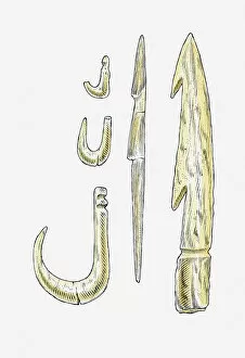 Illustration of era Jomon bone fish hooks, Japan