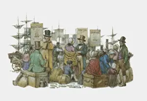 Mature Women Prints: Illustration of European immigrants waiting at docks after arrival in America