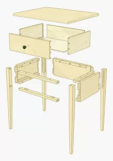 Medium Group Of Objects Gallery: Illustration of exploded view of bedroom table with drawer