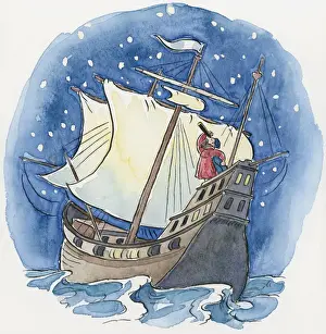 Only Mature Men Prints: Illustration of explorer Ferdinand Magellan looking through telescope to steer galleon in right direction using