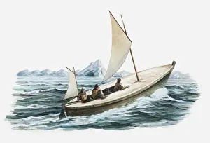 Antarctic Prints: Illustration of explorers in boat in Antarctic waters