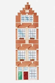 Illustration of facade of typical Amsterdam house with stepped gable