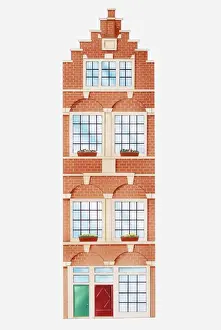 Illustration of facade of typical Amsterdam house with stepped gable