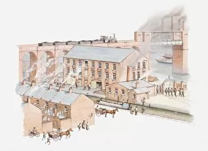 Illustration of factory in city during the Industrial revolution