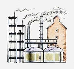 Illustration of factory with smoke rising from chimneys