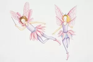 Magic Wand Gallery: Illustration, two fairies with pink wings and skirts hovering in the air, one of them holding wand