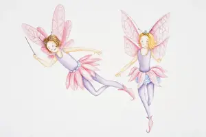 Wand Prints: Illustration, two fairies with pink wings and skirts hovering in the air